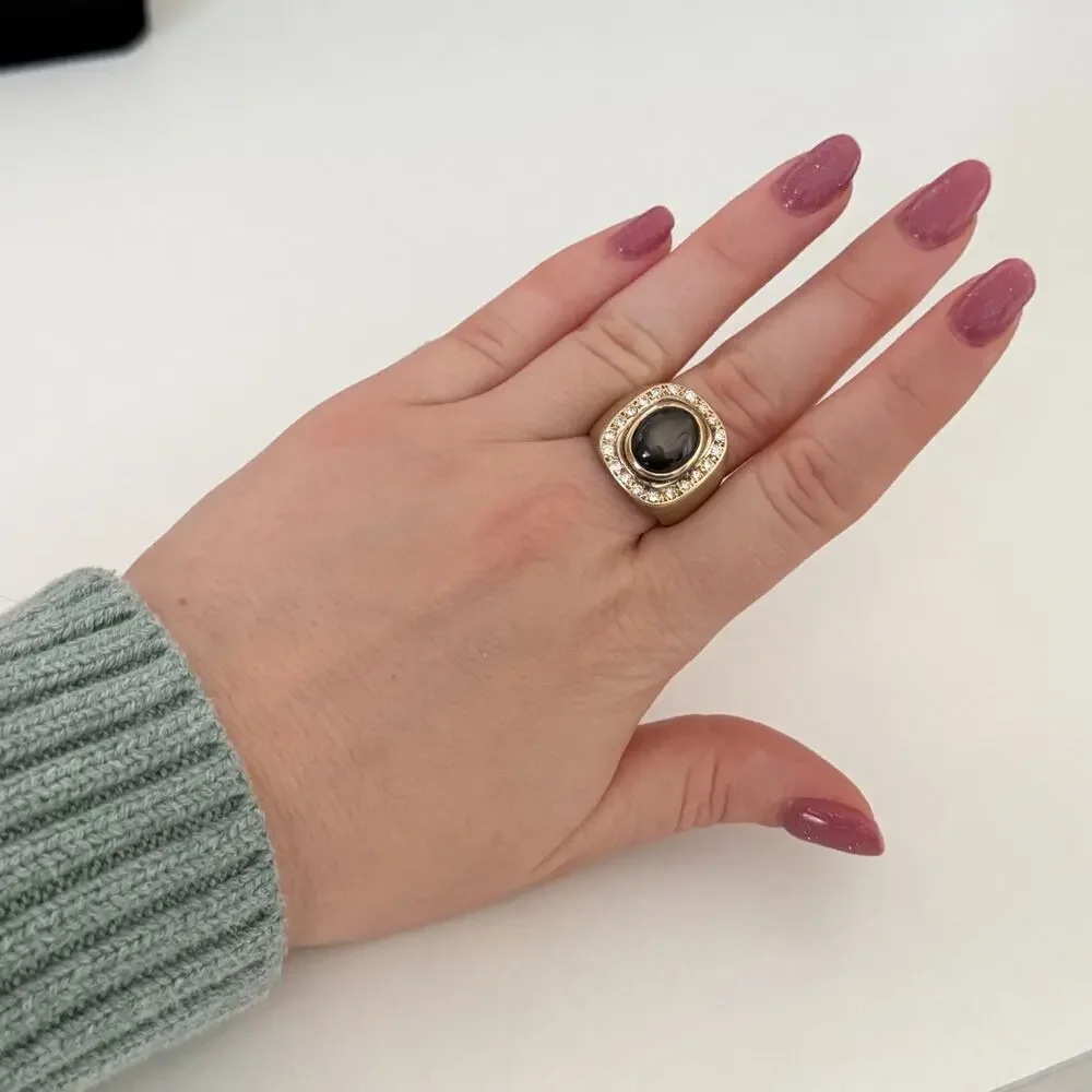 Vintage 14K Yellow Gold West Germany Smoky Cabochon Diamond Chunky Ring Sz 7.25